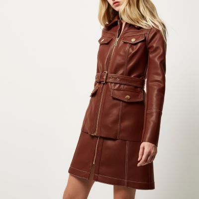 Rust brown leather-look trench jacket